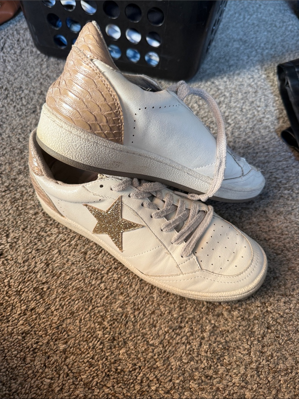 ShuShop White Sneakers with Gold Star and Tan Heel